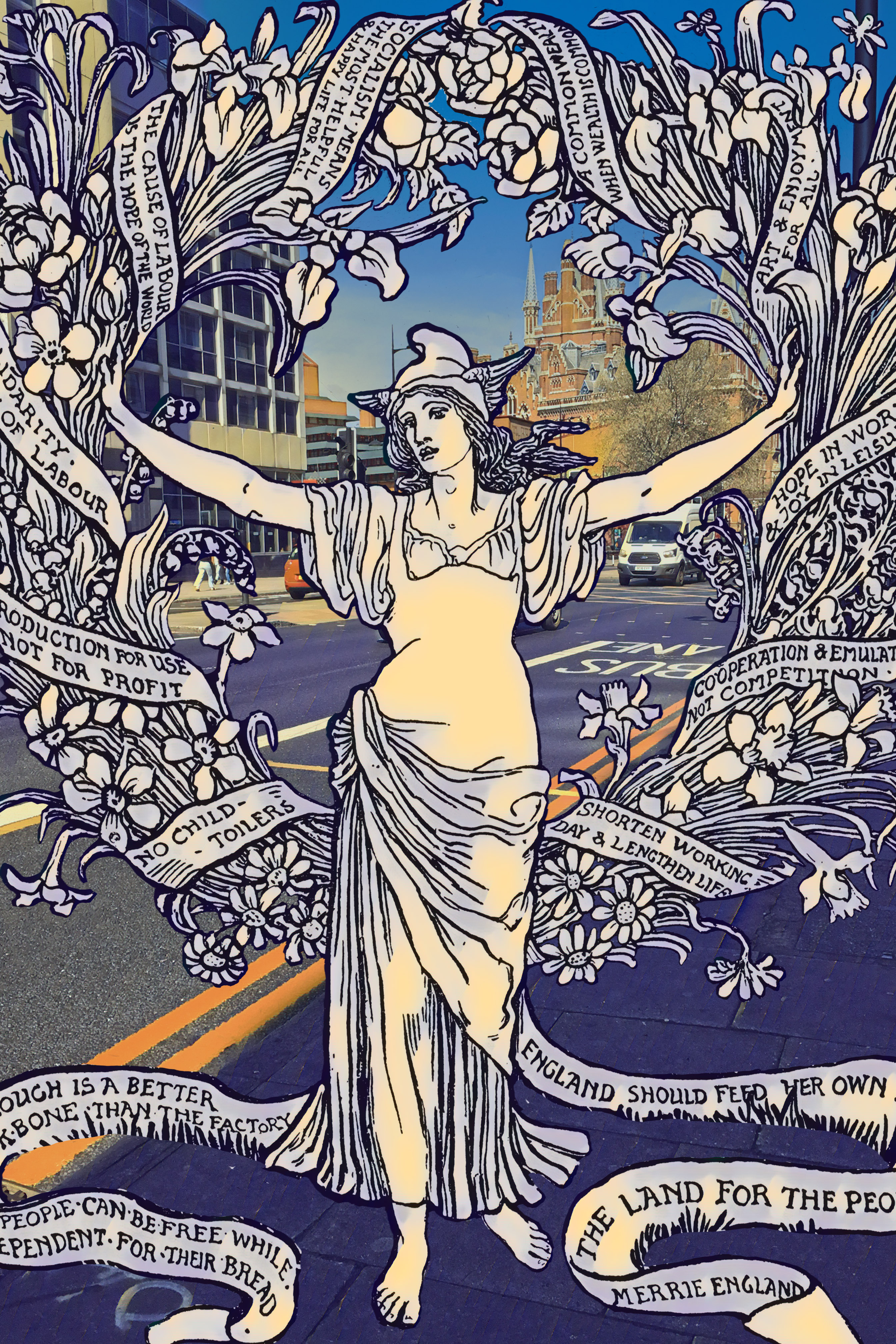Walter Crane’s “A Garland for Mayday 1895” (1895) on Euston Road (near the British Library) in London