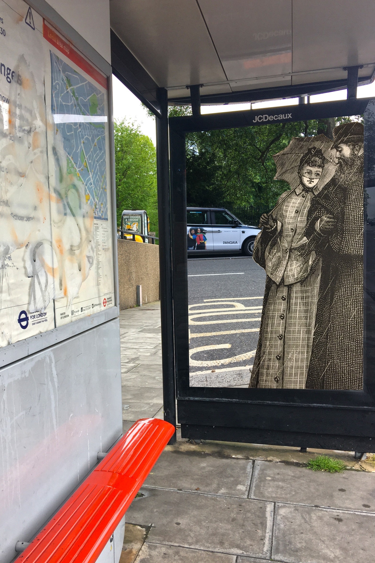 Bus stop on Archway Road, Islington, with figures from a Genuine Macintosh Waterproofs ad sample from "Sell's World Press" (1892) next to Russell Square, Bloomsbury, Lodon