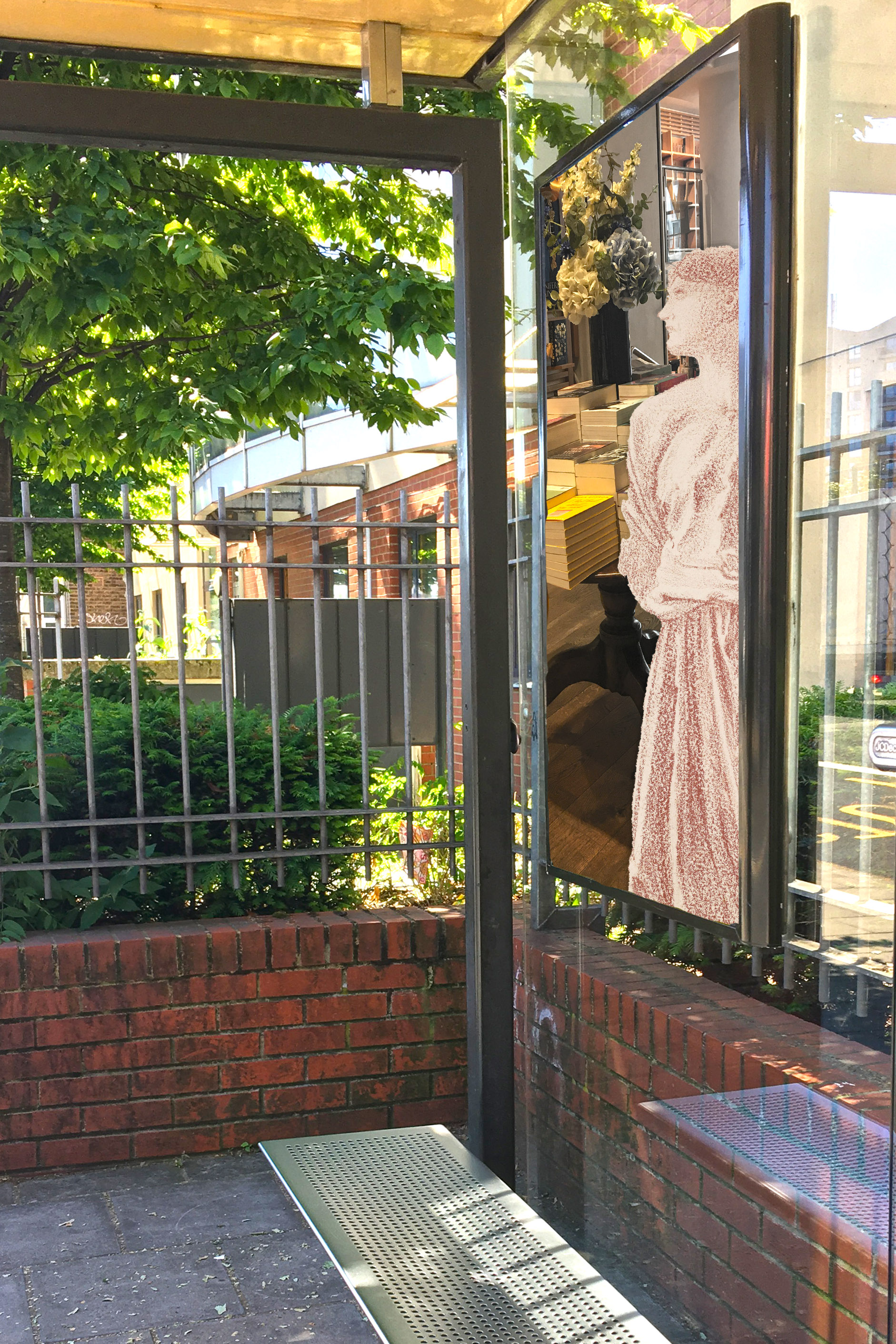 Edward Burne-Jones's "The Mirror of Venus – Study of Kneeling Female Attendant" (1865–66) next to a table of books at the Piccadilly Waterstones on the side of a bus shelter on Evelyn Street in Deptford