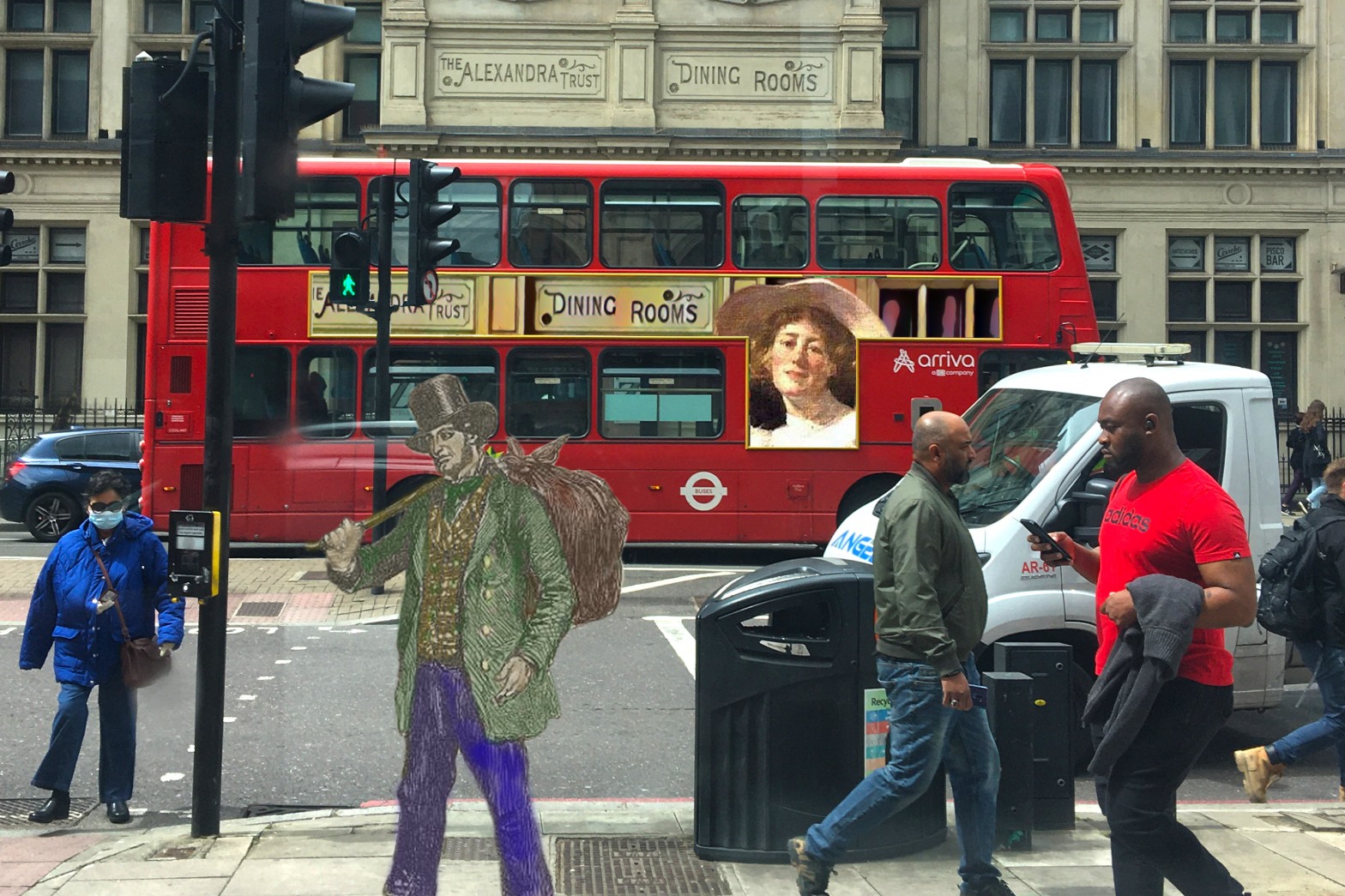 Hand-coloured figure of a man carrying a bindle from "British Workman" No. 9 (1855), p. 35 crossing City Road, where there is a bus with an advertisement featuring the former Alexandra Trust Dining Rooms sign and a figure from Frank Bramley's "Friends" (n.d.), a painting of his wife, Katherine, and her dog