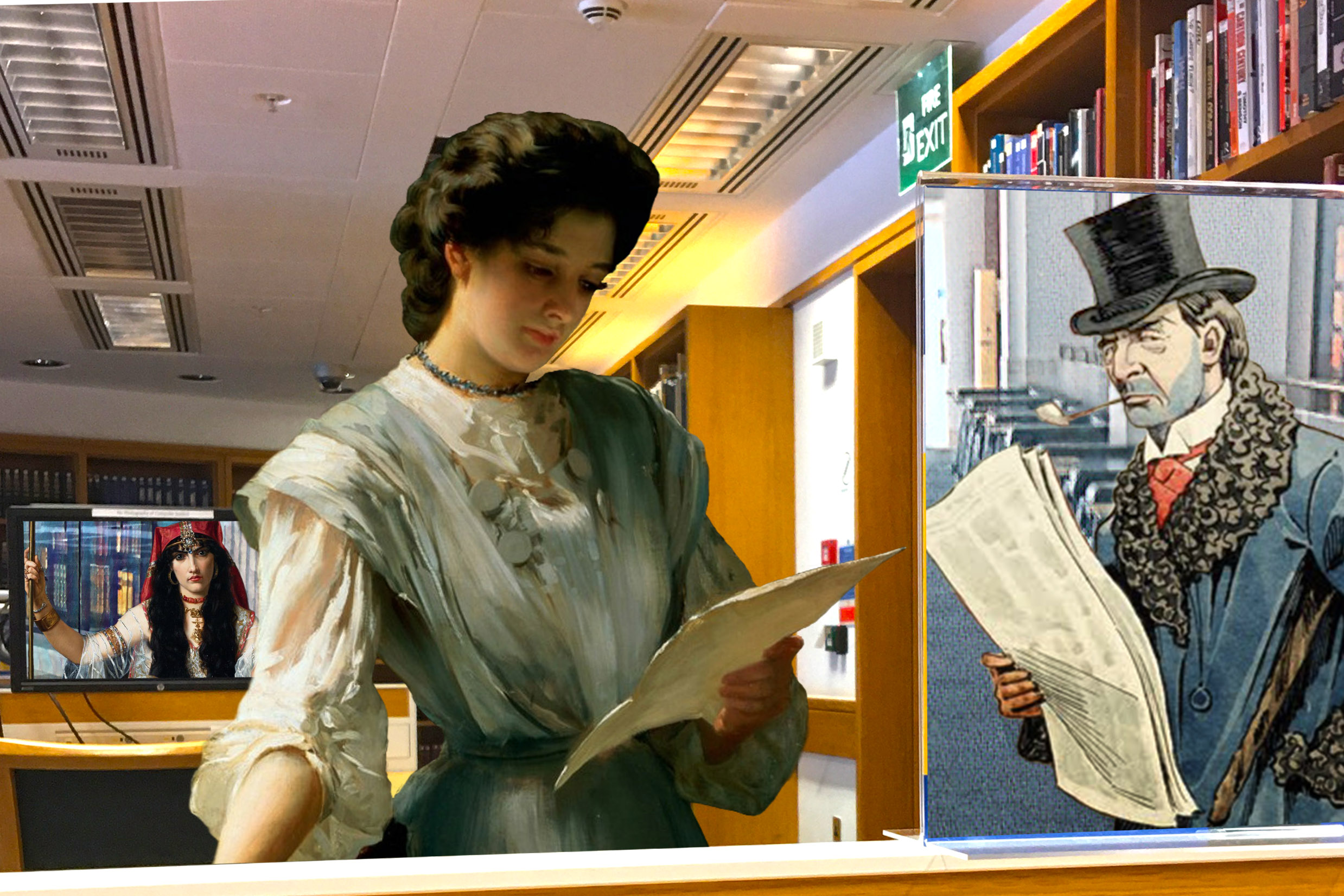 Thomas Benjamin Kennington's "Reading the Letter" (1885) in the Newsroom at the British Library surrounded by My Lockdown Life Day 275 [Joseph Clayton Clark's "A Reader of the Era" (c1900) in the British Library] and My Lockdown Life Day 391 [Georges Merle’s “L’Envoûteuse” (The Sorceress) (1883) in front of the King's Library at the British Library]
